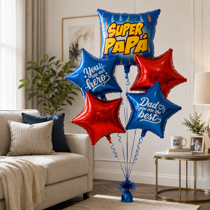 Super Papa Balloon Bouquet Set 5PC, Helium Supported Dad Foil Balloon Set with Star Balloons for Father’s Day, Papa Birthday & Surprise Decoration