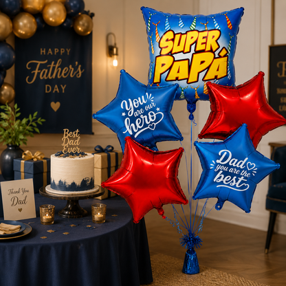 Super Papa Balloon Bouquet Set 5PC, Helium Supported Dad Foil Balloon Set with Star Balloons for Father’s Day, Papa Birthday & Surprise Decoration