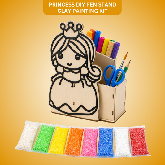 Princess DIY Pen Stand Clay Painting Kit, Wooden Craft Puzzle with 8 Color Snow Pearl Clays | Handmade Art Activity for Kids, Birthday Return Gift Favors for Kids & Creative Craft Lovers - 1PC