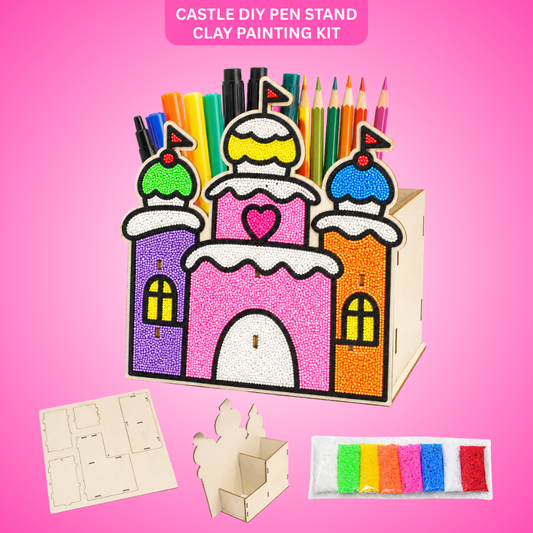 Castle  Shaped DIY Pen Stand Clay Painting Kit, Wooden Craft Puzzle with 8 Color Snow Pearl Clays | Handmade Art Activity for Kids, Birthday Return Gift Favors for Kids & Creative Craft Lovers - 1 Set