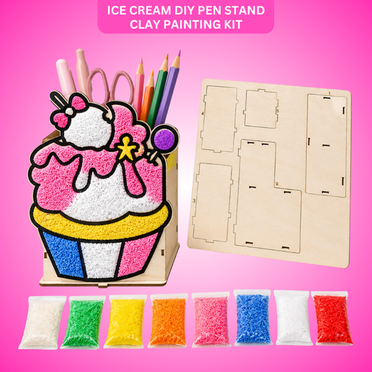 Ice Cream Shaped DIY Pen Stand Clay Painting Kit, Wooden Craft Puzzle with 8 Color Snow Pearl Clays | Handmade Art Activity for Kids, Birthday Return Gift Favors for Kids & Creative Craft Lovers - 1 Set