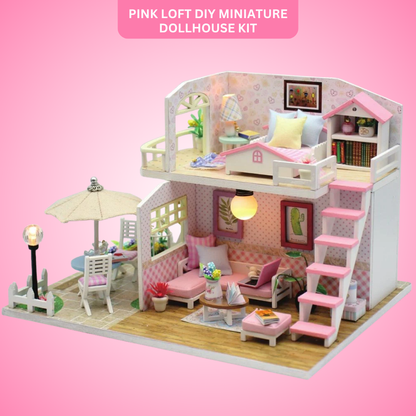 Pink Loft DIY Miniature Dollhouse Kit, Wooden Mini Doll House with Furniture, 2 Floor Room Decor Model Making Craft Kit for Kids Teens Adults, Creative Gift & Display Set