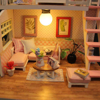 Pink Loft DIY Miniature Dollhouse Kit, Wooden Mini Doll House with Furniture, 2 Floor Room Decor Model Making Craft Kit for Kids Teens Adults, Creative Gift & Display Set