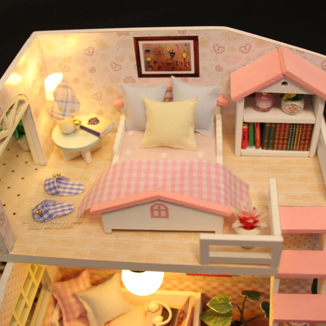 Pink Loft DIY Miniature Dollhouse Kit, Wooden Mini Doll House with Furniture, 2 Floor Room Decor Model Making Craft Kit for Kids Teens Adults, Creative Gift & Display Set