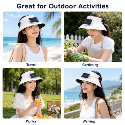 Sun Visor White Hat with Fan USB and Solar Powered |Wide Brim Hat with Built in Fan | Beat The Heat Cool Picnic or Disney Park Fans | UPF 50+ UV Protection, Lightweight Summer Cap for Beach, Travel, Gardening, Sports & Outdoor Use