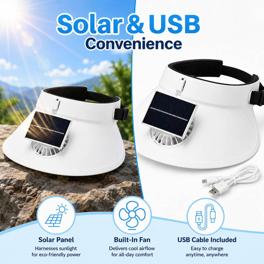 Sun Visor White Hat with Fan USB and Solar Powered |Wide Brim Hat with Built in Fan | Beat The Heat Cool Picnic or Disney Park Fans | UPF 50+ UV Protection, Lightweight Summer Cap for Beach, Travel, Gardening, Sports & Outdoor Use