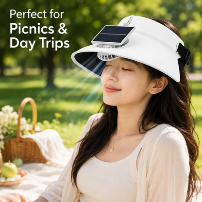 Sun Visor White Hat with Fan USB and Solar Powered |Wide Brim Hat with Built in Fan | Beat The Heat Cool Picnic or Disney Park Fans | UPF 50+ UV Protection, Lightweight Summer Cap for Beach, Travel, Gardening, Sports & Outdoor Use