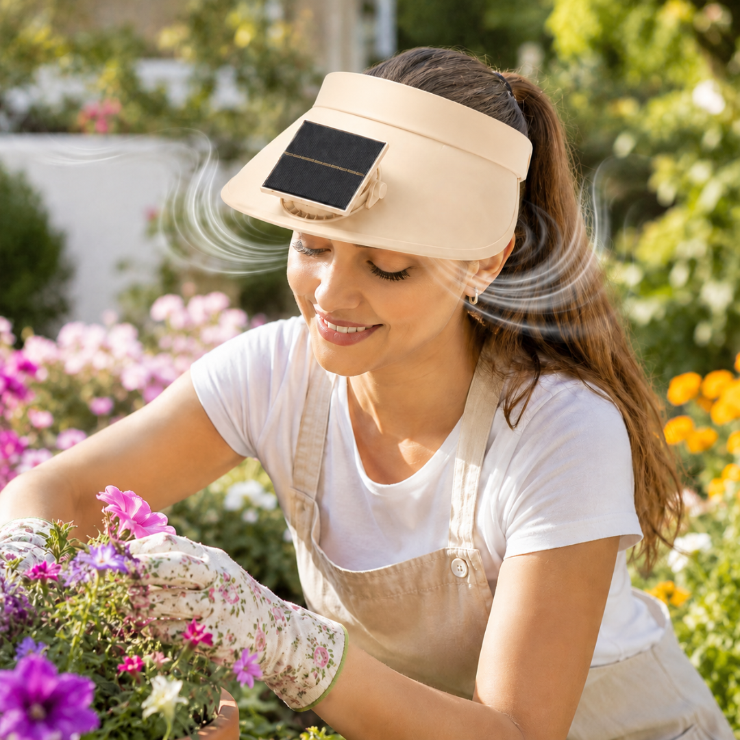 Sun Visor Beige Hat with Fan USB and Solar Powered |Wide Brim Hat with Built in Fan | Beat The Heat Cool Picnic or Disney Park Fans | UPF 50+ UV Protection, Lightweight Summer Cap for Beach, Travel, Gardening, Sports & Outdoor Use