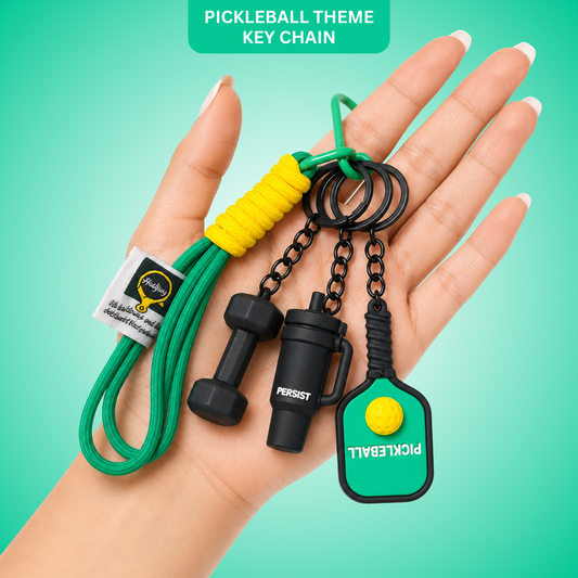 Pickleball Theme Key Chain with Dumbbell Charms, Green Sports Bag Charm with Strap for Keys, Backpacks, Birthday Return Gifts, Party Favors & Loot Bag Fillers – 1PC