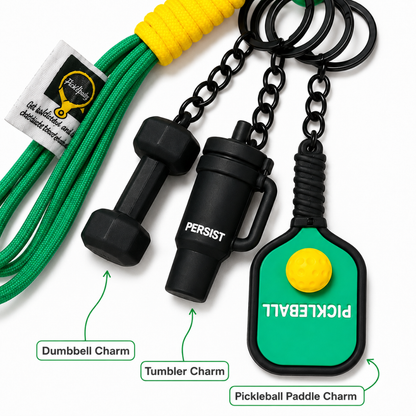 Pickleball Theme Key Chain with Dumbbell Charms, Green Sports Bag Charm with Strap for Keys, Backpacks, Birthday Return Gifts, Party Favors & Loot Bag Fillers – 1PC