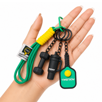 Pickleball Theme Key Chain with Dumbbell Charms, Green Sports Bag Charm with Strap for Keys, Backpacks, Birthday Return Gifts, Party Favors & Loot Bag Fillers – 1PC