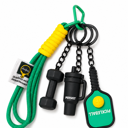 Pickleball Theme Key Chain with Dumbbell Charms, Green Sports Bag Charm with Strap for Keys, Backpacks, Birthday Return Gifts, Party Favors & Loot Bag Fillers – 1PC