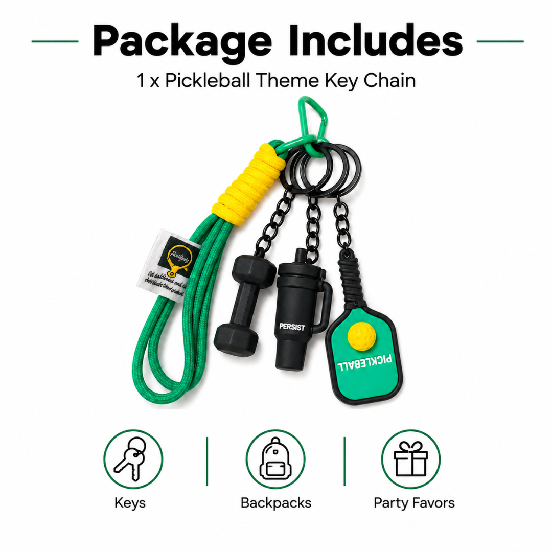 Pickleball Theme Key Chain with Dumbbell Charms, Green Sports Bag Charm with Strap for Keys, Backpacks, Birthday Return Gifts, Party Favors & Loot Bag Fillers – 1PC