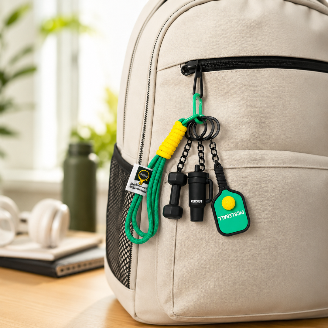 Pickleball Theme Key Chain with Dumbbell Charms, Green Sports Bag Charm with Strap for Keys, Backpacks, Birthday Return Gifts, Party Favors & Loot Bag Fillers – 1PC