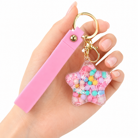 Star Shaped Beads Keychain with Pink Wrist Strap, Cute Bag Charm Key Ring for Girls, Backpack Accessories, Birthday Return Gifts, Party Favors, School Bag Decoration - 1PC