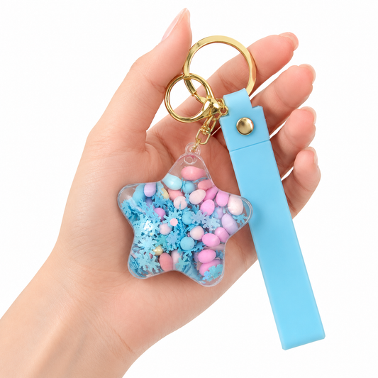 Star Shaped Beads Keychain with Blue Wrist Strap, Cute Bag Charm Key Ring for Boys and Girls, Backpack Accessories, Birthday Return Gifts, Party Favors, School Bag Decoration - 1PC