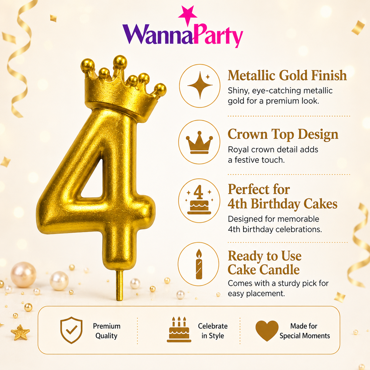 Golden Crown Candle Number 4 | Metallic Finish | Medium Size
