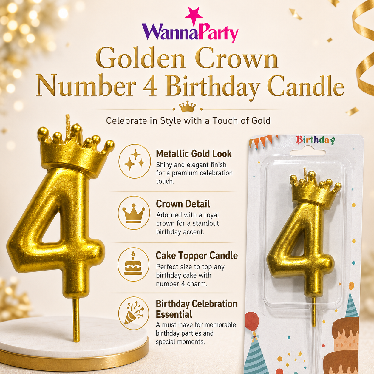 Golden Crown Candle Number 4 | Metallic Finish | Medium Size