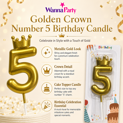 Golden Crown Candle Number 5 | Metallic Finish | Medium Size