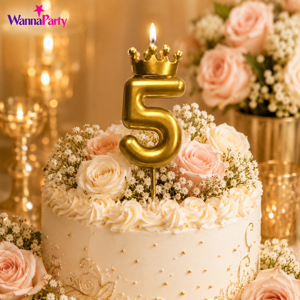 Golden Crown Candle Number 5 | Metallic Finish | Medium Size