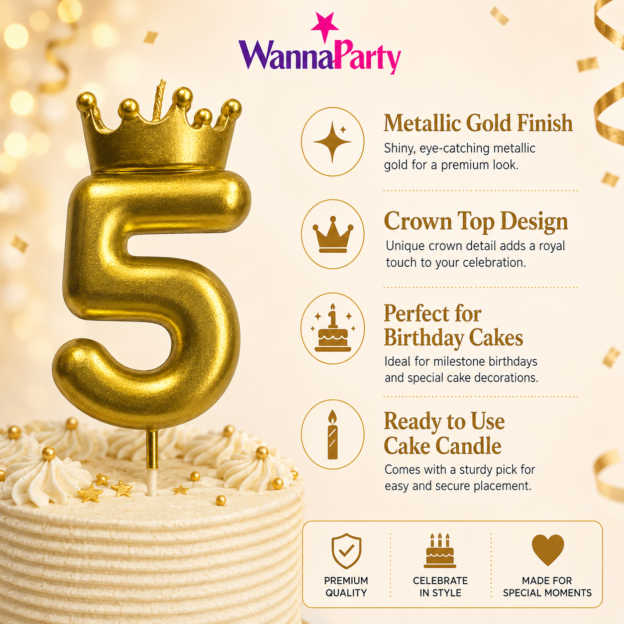 Golden Crown Candle Number 5 | Metallic Finish | Medium Size