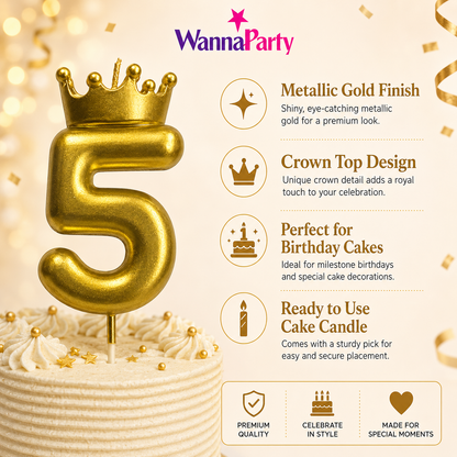 Golden Crown Candle Number 5 | Metallic Finish | Medium Size