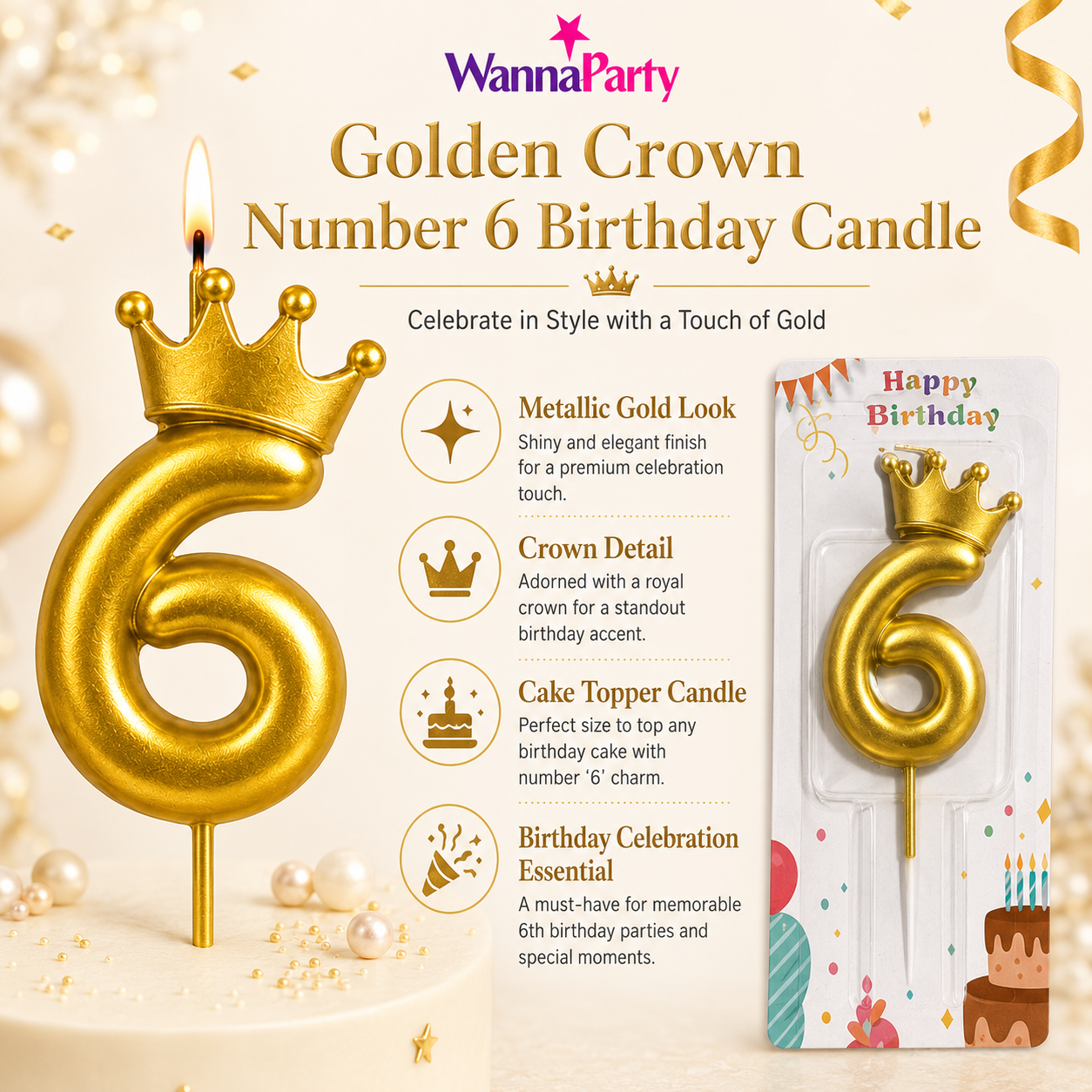 Golden Crown Candle Number 5 | Metallic Finish | Medium Size