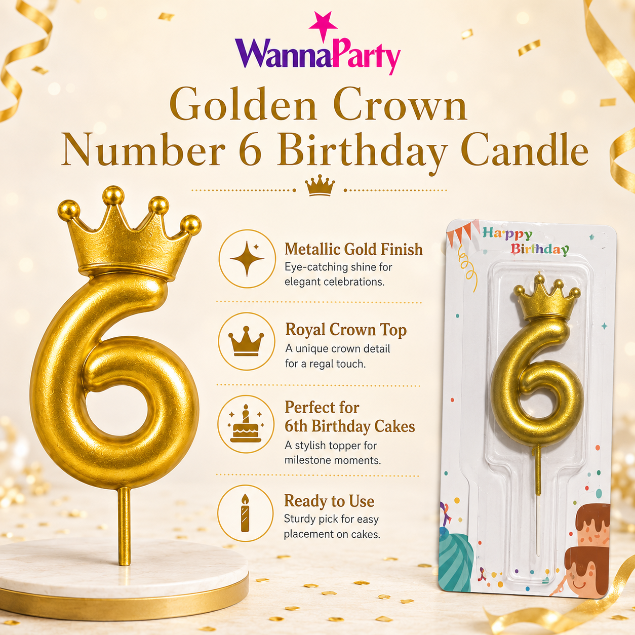 Golden Crown Candle Number 5 | Metallic Finish | Medium Size