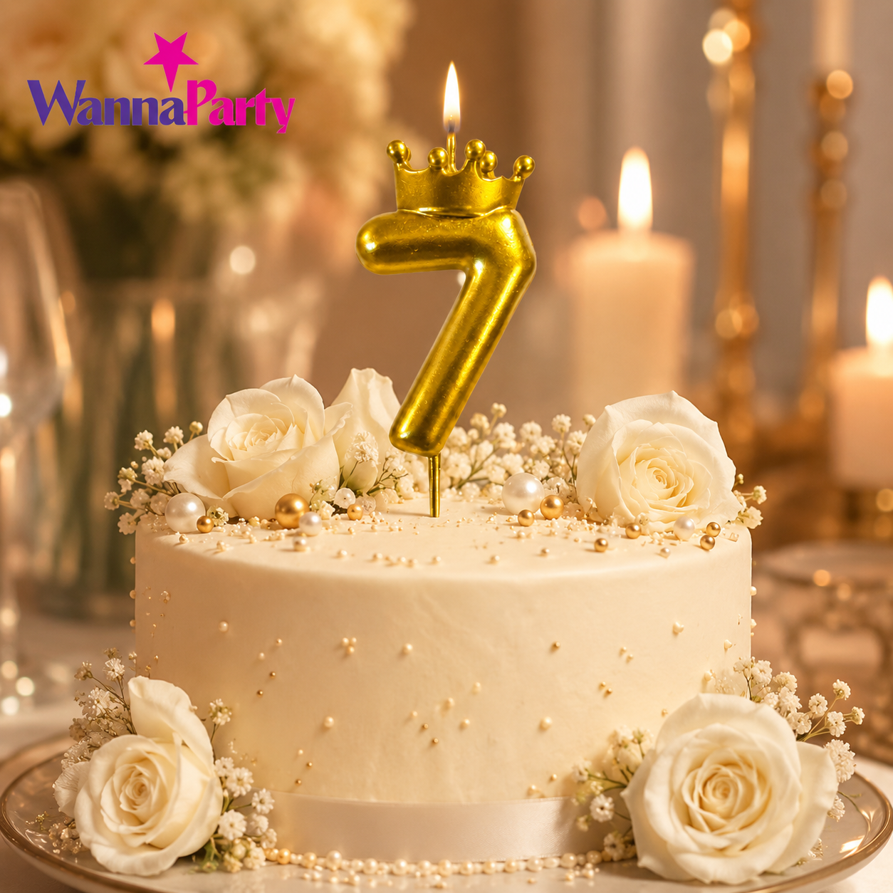 Golden Crown Candle Number 7 | Metallic Finish | Medium Size
