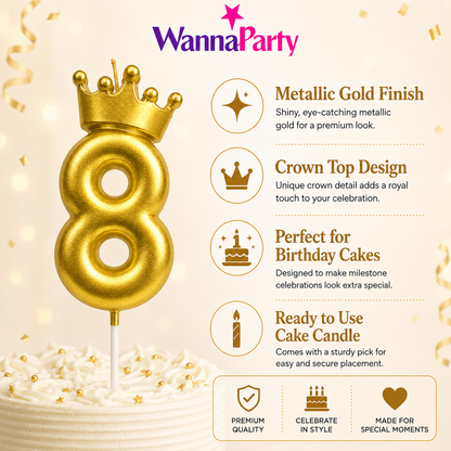 Golden Crown Candle Number 8 | Metallic Finish | Medium Size