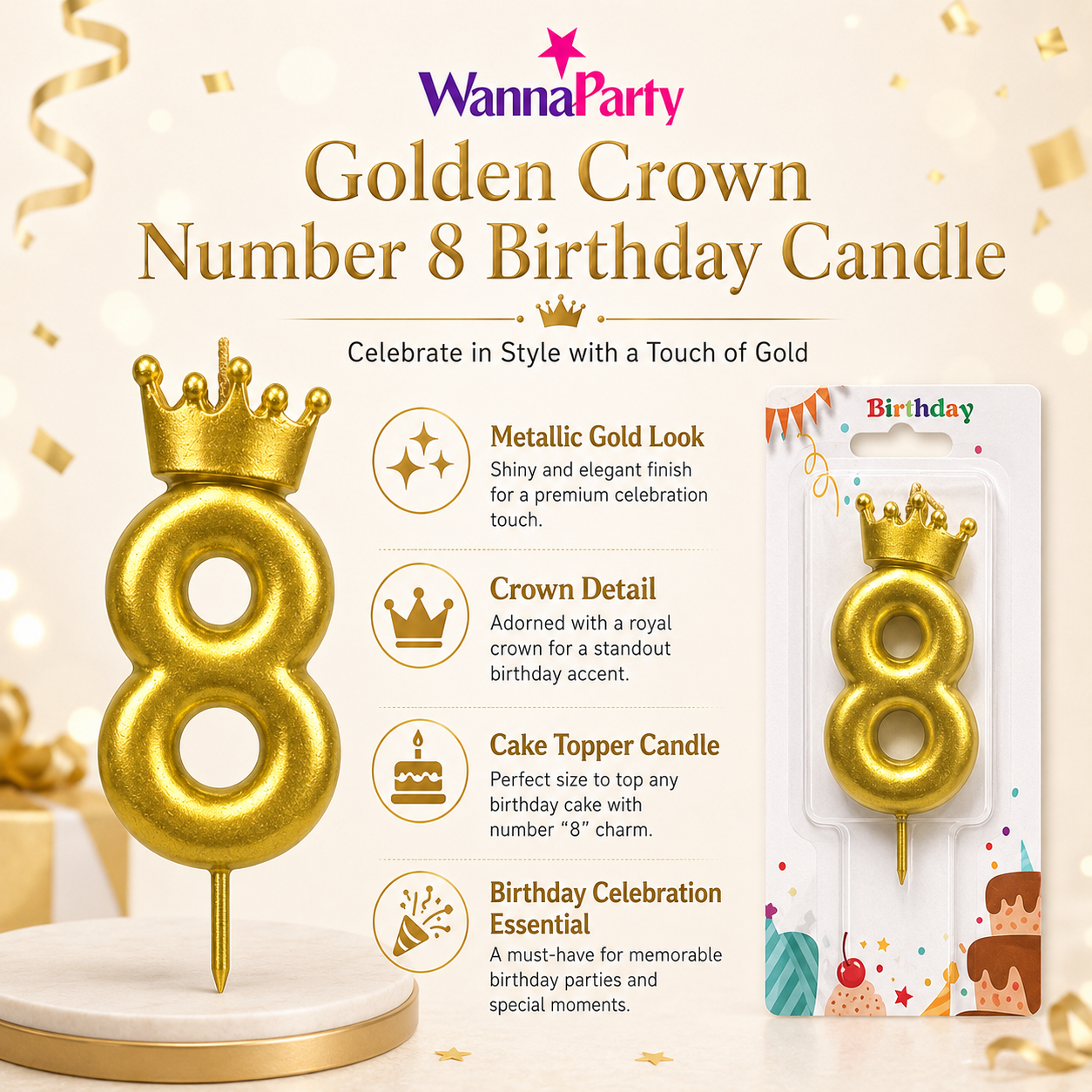 Golden Crown Candle Number 8 | Metallic Finish | Medium Size