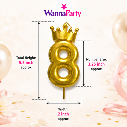 Golden Crown Candle Number 8 | Metallic Finish | Medium Size