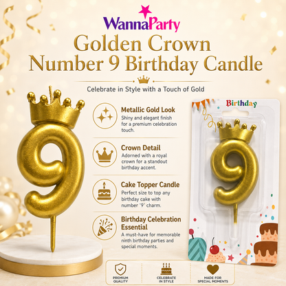 Golden Crown Candle Number 9 | Metallic Finish | Medium Size