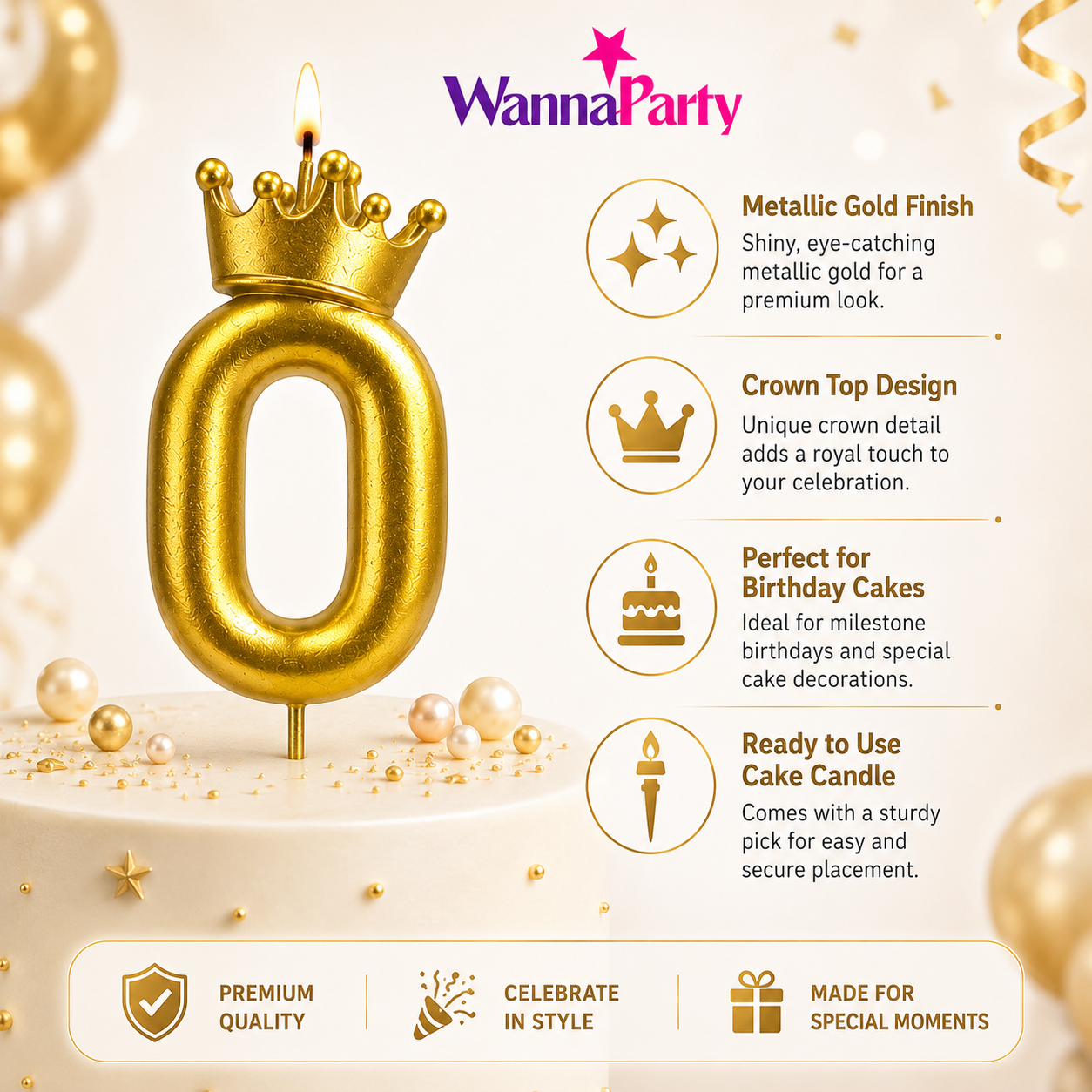 Golden Crown Candle Number 0 | Metallic Finish | Medium Size