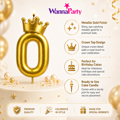 Golden Crown Candle Number 0 | Metallic Finish | Medium Size