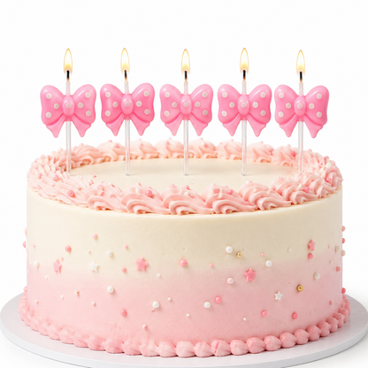 Pink Bow Ribbon Shaped Polka Dot Cake Candles - Set of 5PC