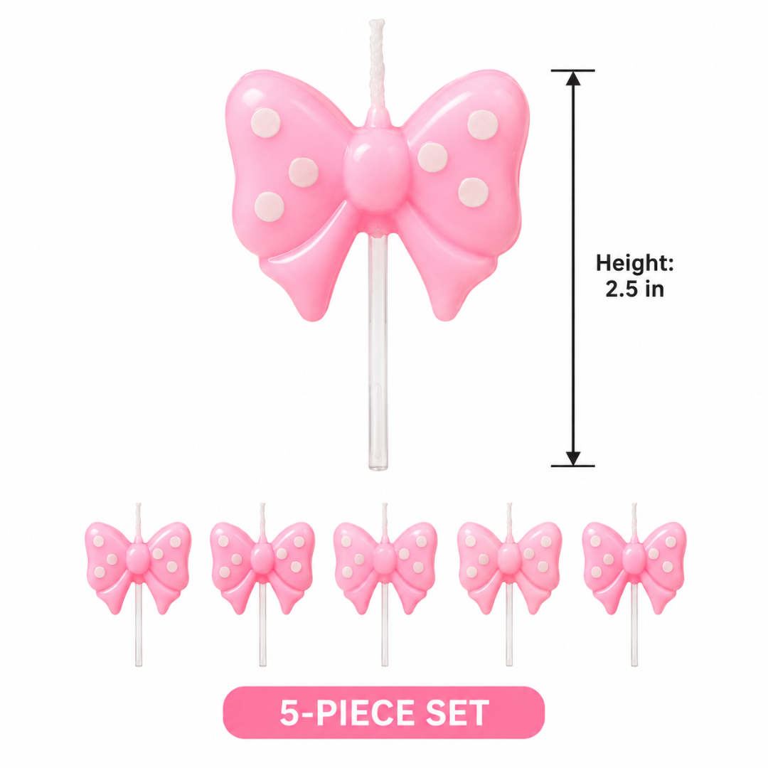 Pink Bow Ribbon Shaped Polka Dot Cake Candles - Set of 5PC
