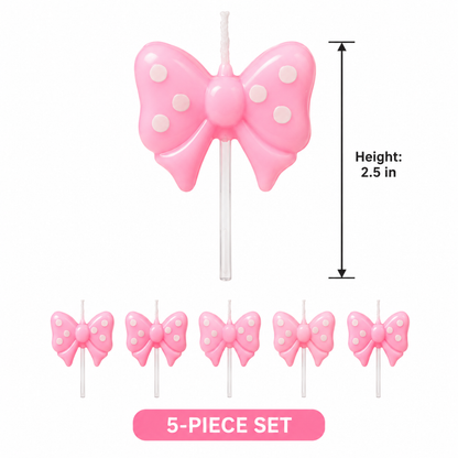 Pink Bow Ribbon Shaped Polka Dot Cake Candles - Set of 5PC