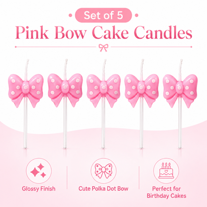 Pink Bow Ribbon Shaped Polka Dot Cake Candles - Set of 5PC