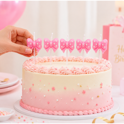 Pink Bow Ribbon Shaped Polka Dot Cake Candles - Set of 5PC