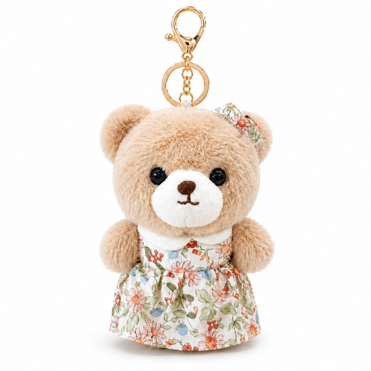Teddy Bear Plush Keychain, Cute Soft Bear Bag Charm with Floral Dress | Gold Metal Chain, Backpack, Handbag, Keys, Birthday Return Gift & Party Favor – 1PC