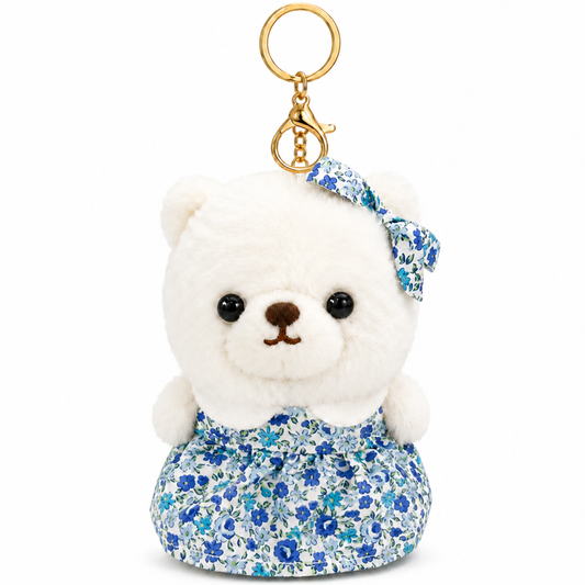 White Teddy Bear Plush Keychain, Cute Soft Bear Bag Charm with Blue Floral Dress | Gold Metal Chain, Backpack, Handbag, Keys, Birthday Return Gift & Party Favor – 1PC