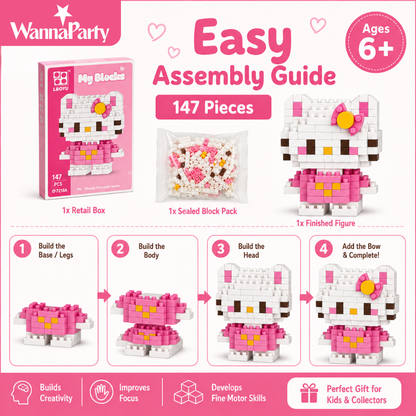 Mini Blocks DIY Hello Kitty Theme Nano Blocks Building Kit, 147 Pcs Kawaii Micro Blocks Character Figure, Collectible Puzzle Toy for Kids,Teens & Adults