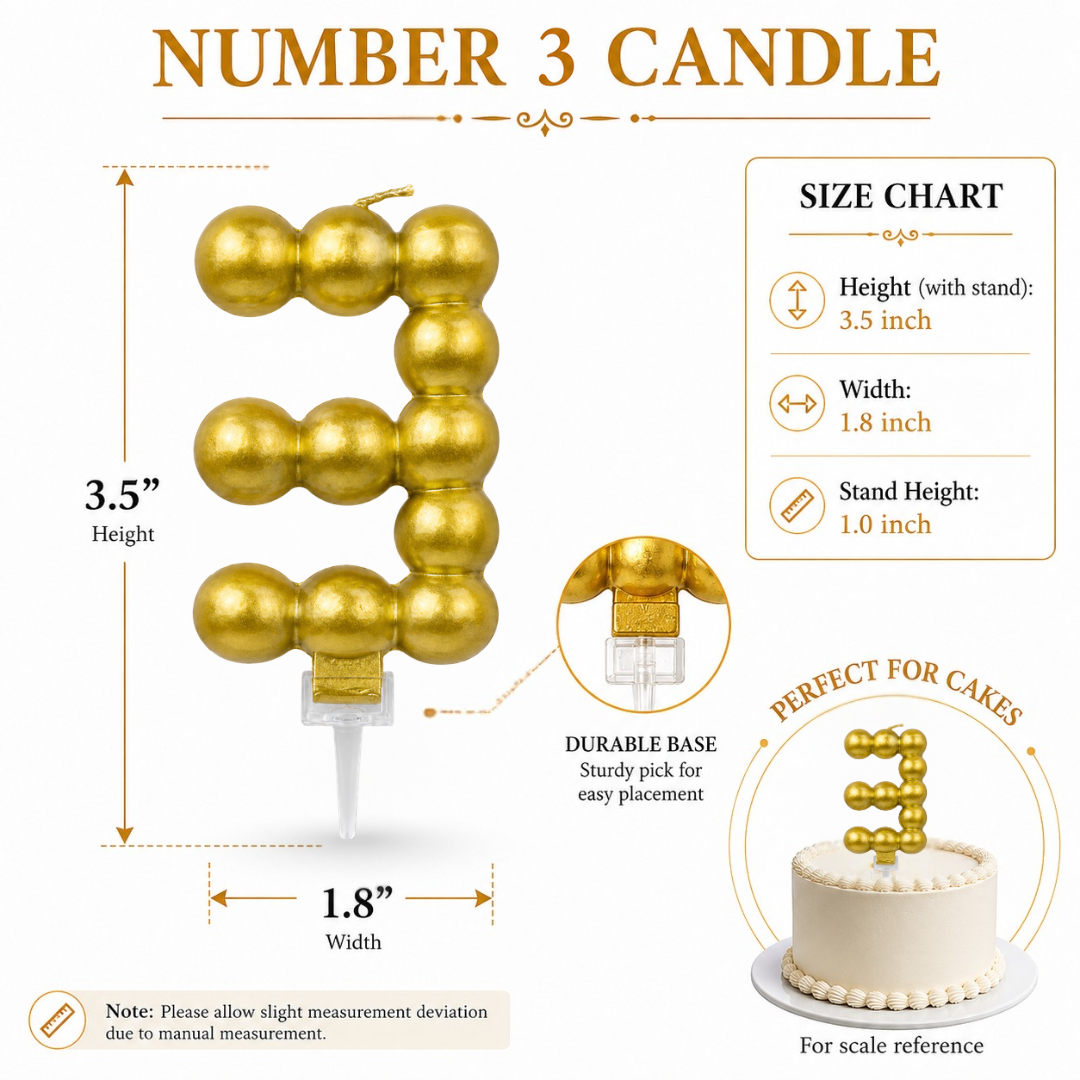 Golden Vector Dots Numerical Candle Number 3 | Fancy Birthday Candle for Cake Cutting
