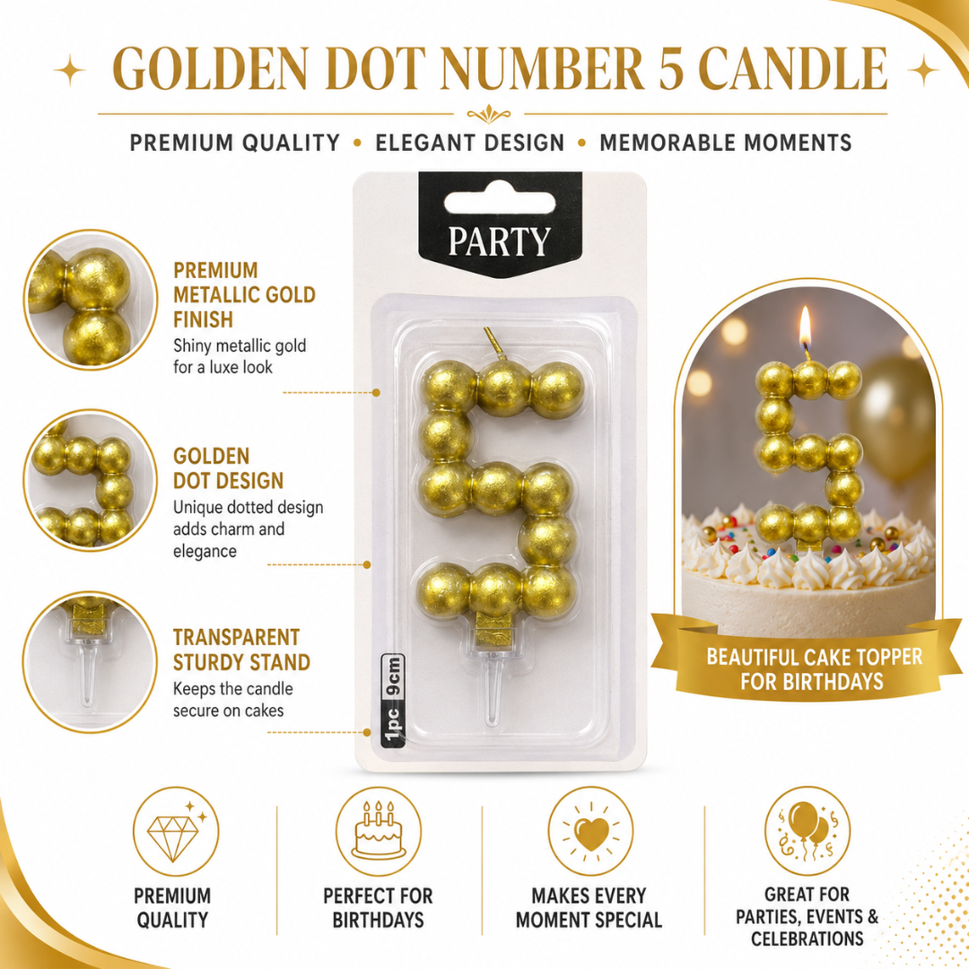 Golden Vector Dots Numerical Candle Number 5 | Fancy Birthday Candle for Cake Cutting