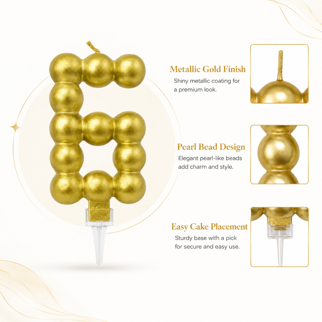 Golden Vector Dots Numerical Candle Number 6 | Fancy Birthday Candle for Cake Cutting