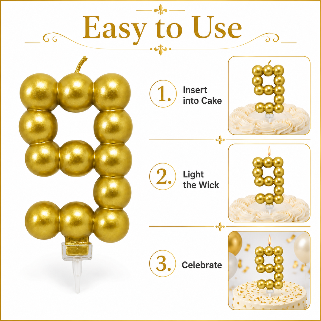 Golden Vector Dots Numerical Candle Number 9 | Fancy Birthday Candle for Cake Cutting