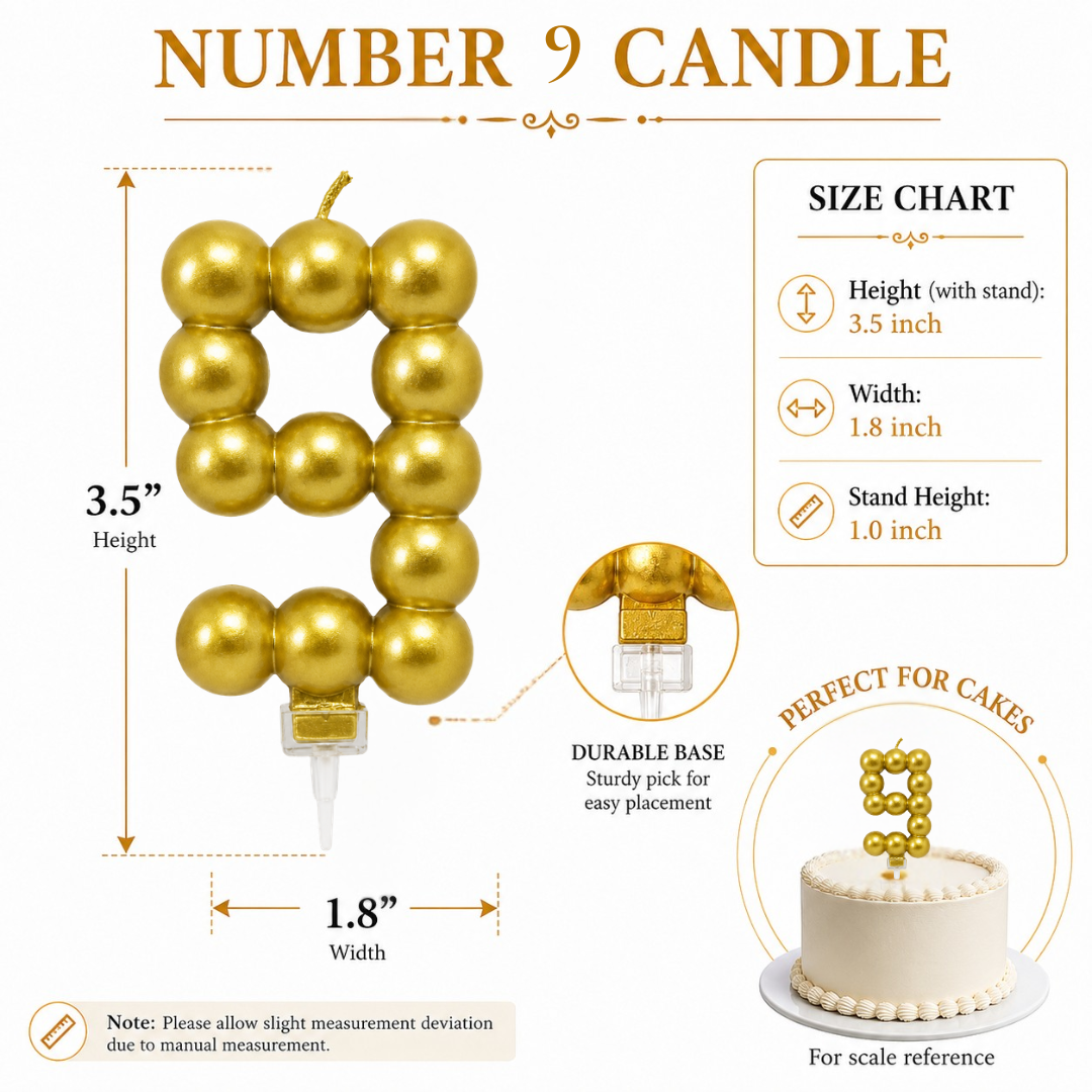 Golden Vector Dots Numerical Candle Number 9 | Fancy Birthday Candle for Cake Cutting