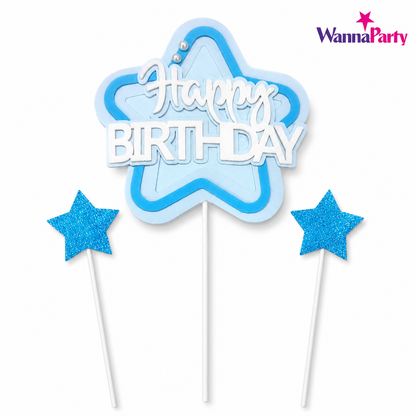 Happy Birthday Cake Topper Set of 3, Blue Star Birthday Pick with 2 Glitter Star Picks, Cake Decoration for Kids, Adults, Party Cakes, Cupcakes & Dessert Table - 3PC