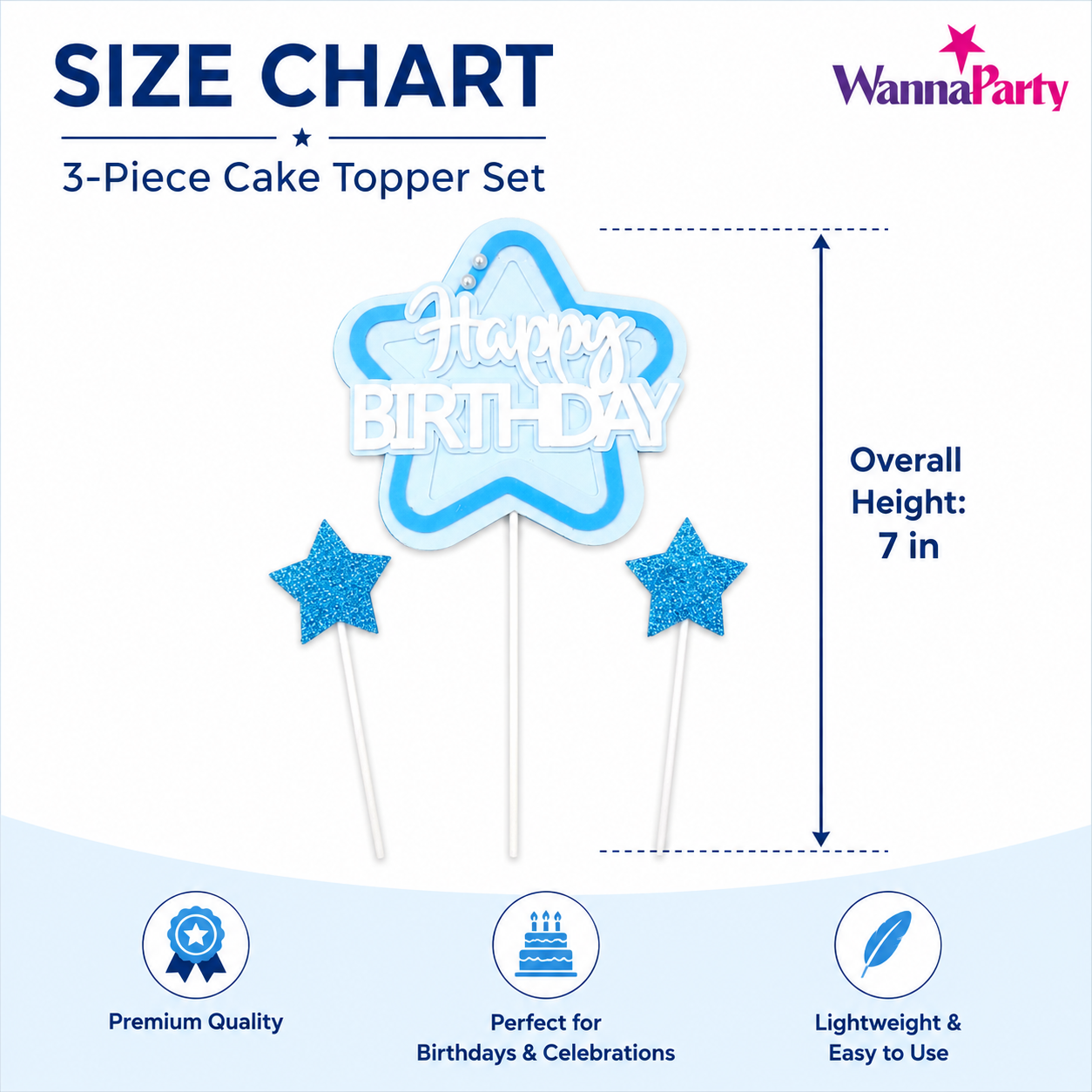 Happy Birthday Cake Topper Set of 3, Blue Star Birthday Pick with 2 Glitter Star Picks, Cake Decoration for Kids, Adults, Party Cakes, Cupcakes & Dessert Table - 3PC